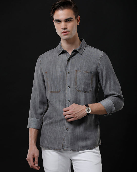Men's Slim Fit Solid Denim Casual Shirt (MOGLI)
