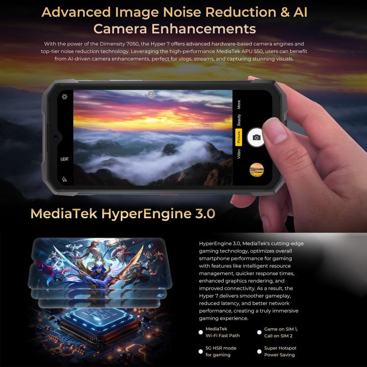 [Entrepôt HK] Téléphone durci HOTWAV Hyper 7, 8 Go+256 Go, 10800 mAh, Android 14 de 6,6 pouces MediaTek Dimensity 7050 5G, Réseau : 5G, OTG, NFC (Jaune Punk)