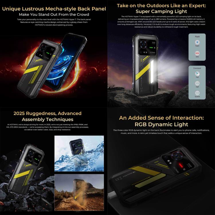 [Entrepôt HK] Téléphone durci HOTWAV Hyper 7, 8 Go+256 Go, 10800 mAh, Android 14 de 6,6 pouces MediaTek Dimensity 7050 5G, Réseau : 5G, OTG, NFC (Jaune Punk)