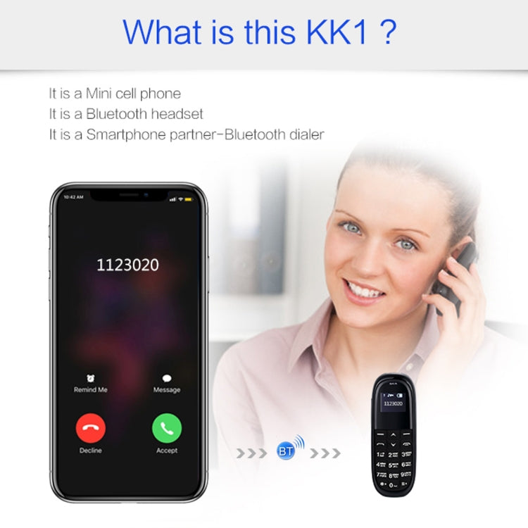 Téléphone portable AIEK KK1 Mini, clavier anglais, casque Bluetooth mains libres, MTK6261DA, anti-perte, carte SIM unique, réseau : 2G (noir)