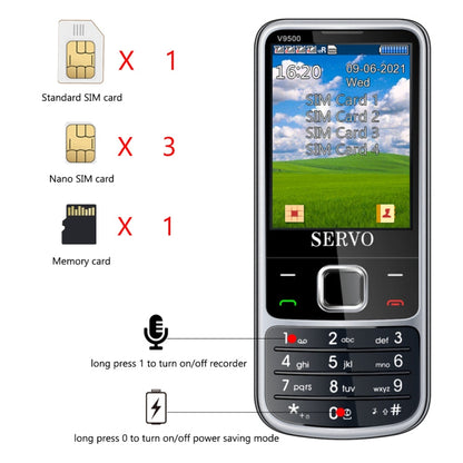 SERVO V9500 Mobile Phone, Russian Key, 2.4 inch, Spredtrum SC6531CA, 21 Keys, Support Bluetooth, FM, Magic Sound, Flashlight, GSM, Quad SIM(Silver)