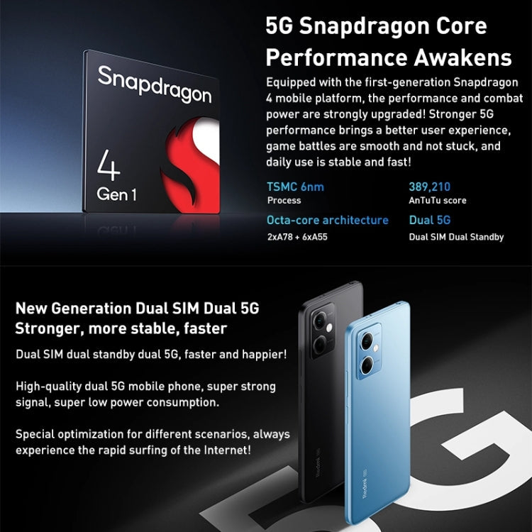 Xiaomi Redmi Note 12 5G, 48MP Camera, 8GB+256GB, Dual Back Cameras, 5000mAh Battery, Side Fingerprint Identification, 6.67 inch MIUI 13 Qualcomm Snapdragon 4 Gen1 Octa Core up to 2.0GHz, Network: 5G, Dual SIM, IR, Not Support Google Play(Black)