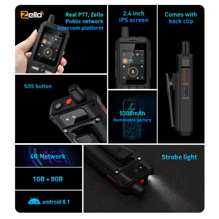 UNIWA F80S Talkie-walkie, Téléphone robuste, 1 Go+8 Go, Étanche anti-poussière antichoc, Batterie 5300 mAh, Écran 2,4 pouces Android 10 Spreadtrum SL8541E Quad Core jusqu'à 1,4 GHz, Réseau : 4G, Double SIM, PoC, SOS (Noir)