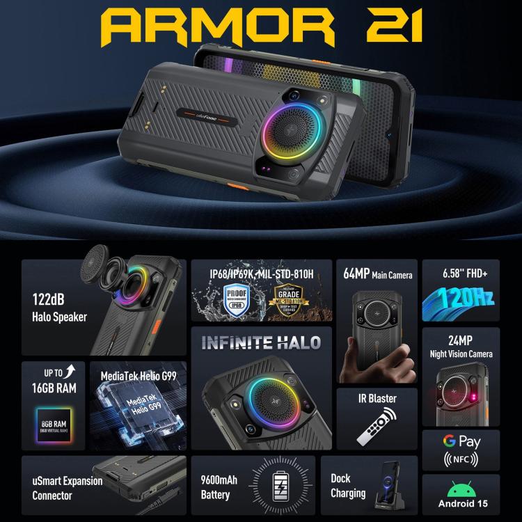 [HK Warehouse] Ulefone Armor 21 IP68/IP69K Rugged Phone, Night Vision, 8GB+256GB, Face ID & Fingerprint Identification, 6.58 inch Android 15 MediaTek Helio G99 Octa Core up to 2.2GHz, Network: 4G, OTG, NFC, Global Version with Google Play (Black)
