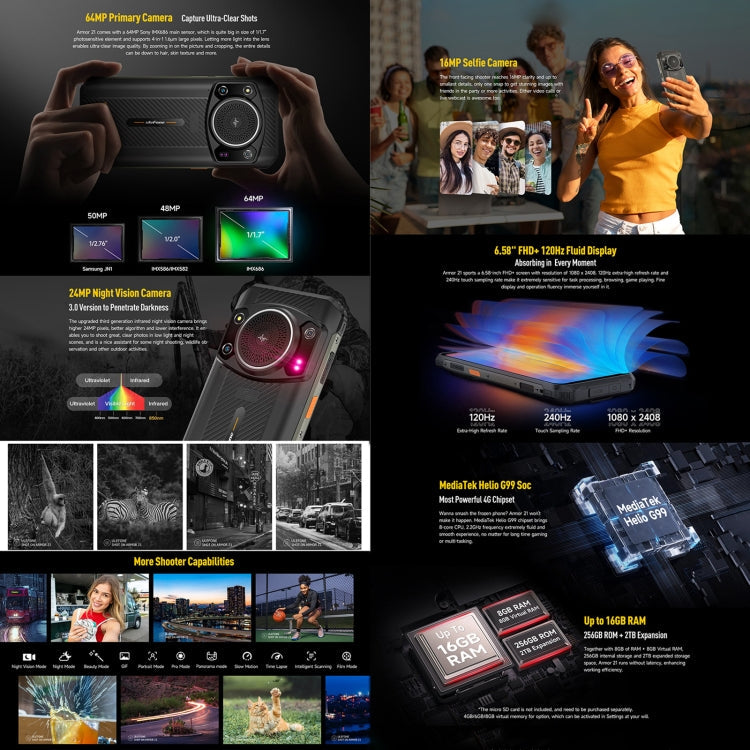 [HK Warehouse] Ulefone Armor 21 IP68/IP69K Rugged Phone, Night Vision, 8GB+256GB, Face ID & Fingerprint Identification, 6.58 inch Android 15 MediaTek Helio G99 Octa Core up to 2.2GHz, Network: 4G, OTG, NFC, Global Version with Google Play (Black)