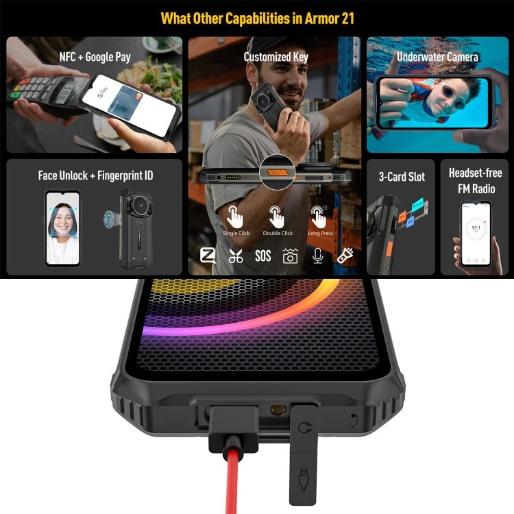 [HK Warehouse] Ulefone Armor 21 IP68/IP69K Rugged Phone, Night Vision, 8GB+256GB, Face ID & Fingerprint Identification, 6.58 inch Android 15 MediaTek Helio G99 Octa Core up to 2.2GHz, Network: 4G, OTG, NFC, Global Version with Google Play (Black)