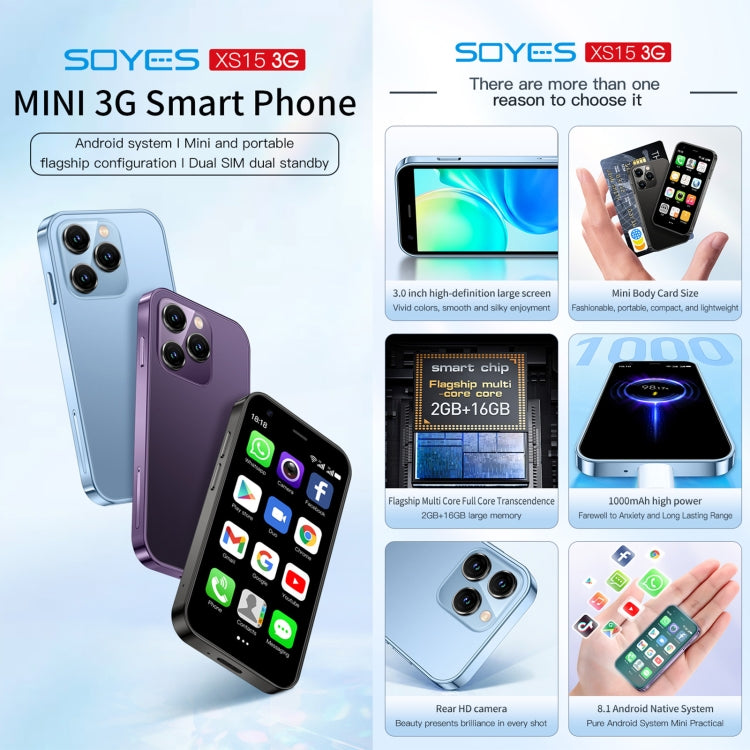 SOYES XS15, 2 Go+16 Go, 3,0 pouces Android 8.1 MTK6580 Quad Core jusqu'à 1,3 GHz, Bluetooth, WiFi, GPS, Réseau: 3G, Double SIM (Bleu)
