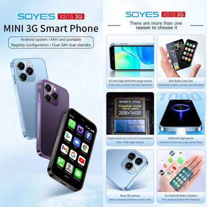 SOYES XS15, 2 Go+16 Go, 3,0 pouces Android 8.1 MTK6580 Quad Core jusqu'à 1,3 GHz, Bluetooth, WiFi, GPS, Réseau: 3G, Double SIM (Bleu)