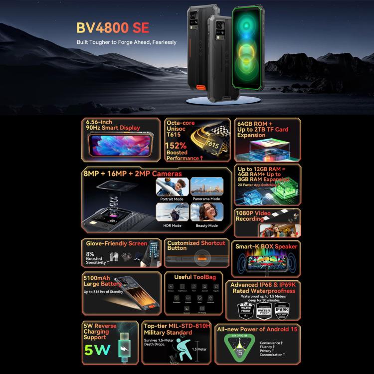 [HK Warehouse] Blackview BV4800 SE Rugged Phone, 4GB+64GB, 6.56 inch Android 15 UMS9320E T615 Octa Core, Network: 4G, OTG, NFC (Orange)