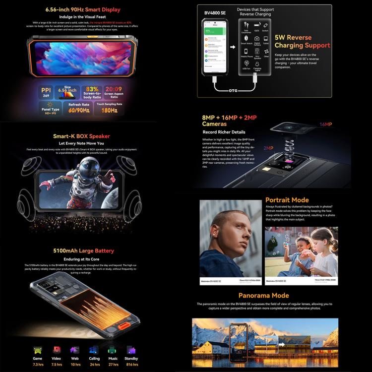 [HK Warehouse] Blackview BV4800 SE Rugged Phone, 4GB+64GB, 6.56 inch Android 15 UMS9320E T615 Octa Core, Network: 4G, OTG, NFC (Orange)