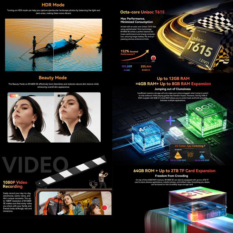 [HK Warehouse] Blackview BV4800 SE Rugged Phone, 4GB+64GB, 6.56 inch Android 15 UMS9320E T615 Octa Core, Network: 4G, OTG, NFC (Black)