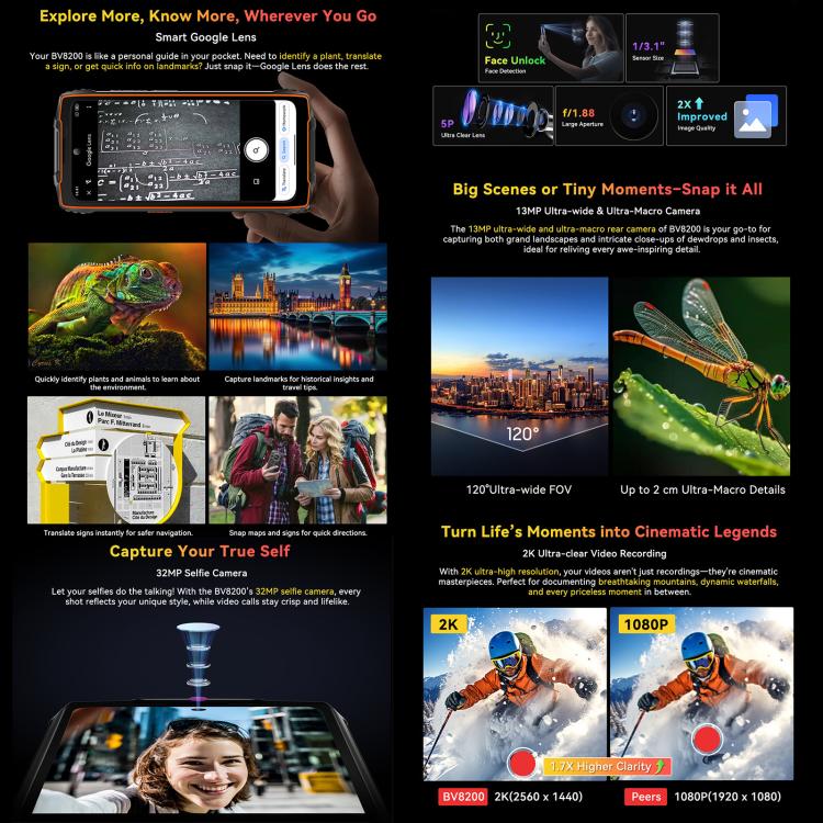 [Entrepôt HK] Téléphone Robuste Blackview BV8200, 12 Go+256 Go, 6,5 pouces + 1,3 pouces Android 14 MediaTekHelio G100 MT8781, Réseau: 4G, NFC (Noir)