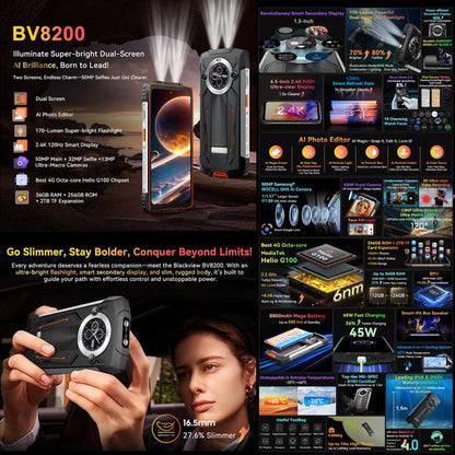 [Entrepôt HK] Téléphone Robuste Blackview BV8200, 12 Go+256 Go, 6,5 pouces + 1,3 pouces Android 14 MediaTekHelio G100 MT8781, Réseau: 4G, NFC (Noir)