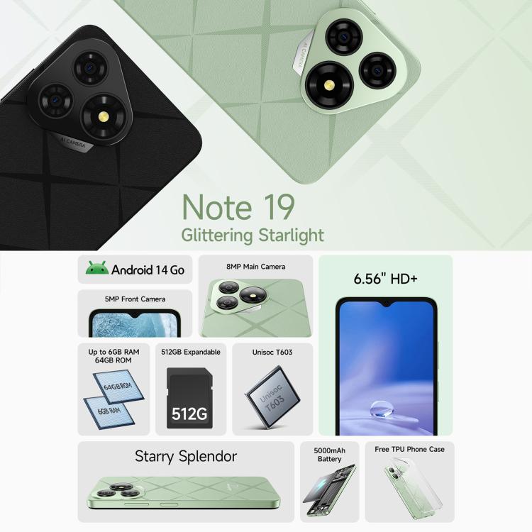 [HK Warehouse] Ulefone Note 19, 3GB+64GB, Face ID & Side Fingerprint, 6.56 inch Android 14 Go Unisoc T603 Octa Core, Network: 4G, Dual SIM, OTG (Black)
