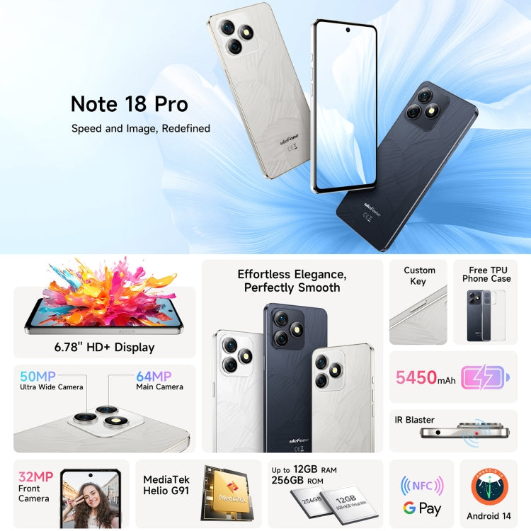 [HK Warehouse] Ulefone Note 18 Pro, 6GB+256GB, Face ID & Side Fingerprint, 6.78 inch Android 14 MediaTek Helio G91 MTK6769 Octa Core, Network: 4G, Dual SIM, OTG, NFC (Lustrous Black)