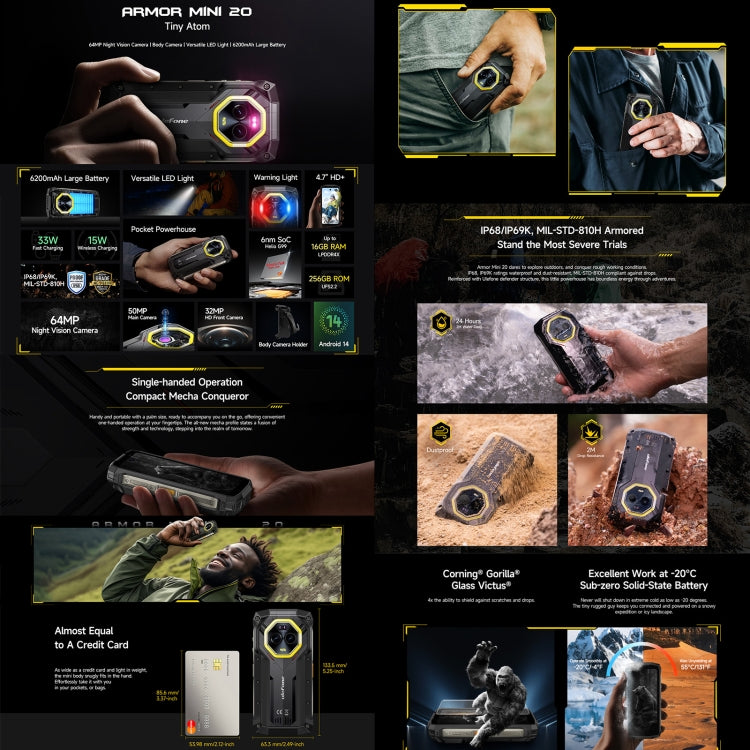 [HK Warehouse] Ulefone Armor Mini 20, Night Vision, 8GB+256GB, IP68/IP69K Rugged Phone, 4.7 inch Android 14 MediaTek Helio G99 Octa Core, Network: 4G, NFC, OTG (Black)