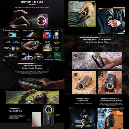 [HK Warehouse] Ulefone Armor Mini 20, Night Vision, 8GB+256GB, IP68/IP69K Rugged Phone, 4.7 inch Android 14 MediaTek Helio G99 Octa Core, Network: 4G, NFC, OTG (Black)