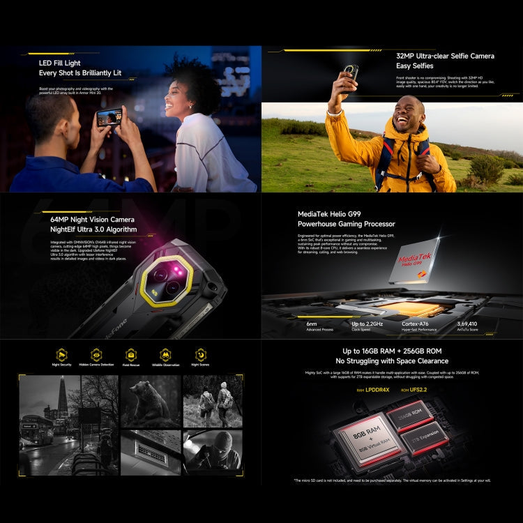 [HK Warehouse] Ulefone Armor Mini 20, Night Vision, 8GB+256GB, IP68/IP69K Rugged Phone, 4.7 inch Android 14 MediaTek Helio G99 Octa Core, Network: 4G, NFC, OTG (Black)