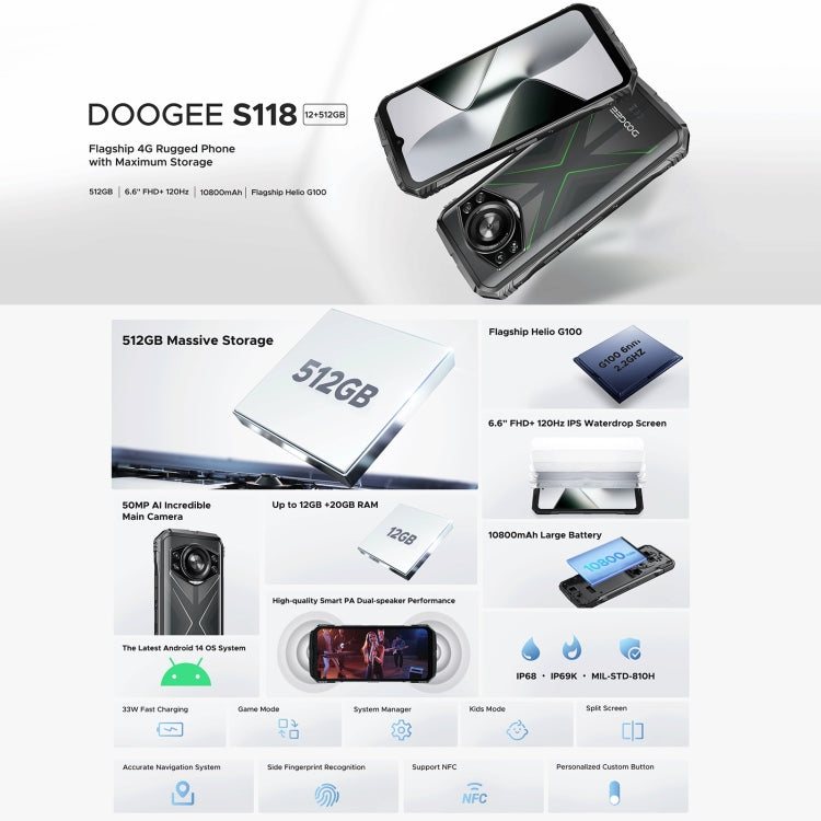 [HK Warehouse] DOOGEE S118 Rugged Phone, 12GB+512GB, 6.58 inch Android 14 MediaTek Helio G99 Octa Core, Network: 4G, OTG, NFC (Black Green)