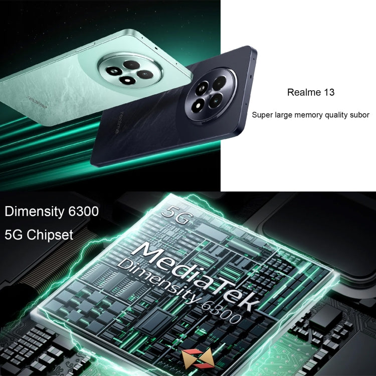 Realme 13, 12 Go+512 Go, Identification latérale par empreinte digitale, 6,72 pouces Realme UI 5.0 Dimensity 6300 5G Octa Core, Réseau : 5G (Vert)