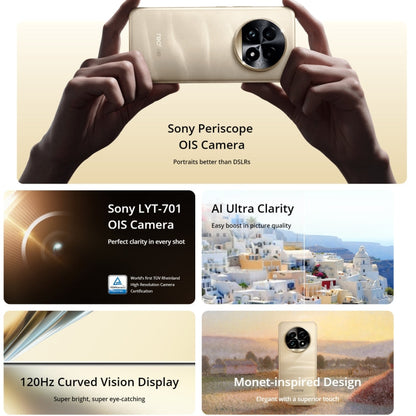 Realme 13 Pro+, 12 Go+256 Go, Identification d'empreintes digitales sous l'écran, 6,7 pouces Realme UI 5.0 Snapdragon 7s Gen 2 Octa Core, NFC, Réseau : 5G (Or)