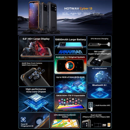 [Entrepôt HK] HOTWAV CYBER 13, Téléphone robuste IP68/IP69K, 8 Go+128 Go, 10800 mAh, 6,6 pouces Android 14.0 Unisoc T606 Octa Core, Réseau: 4G, NFC, OTG (Orange)