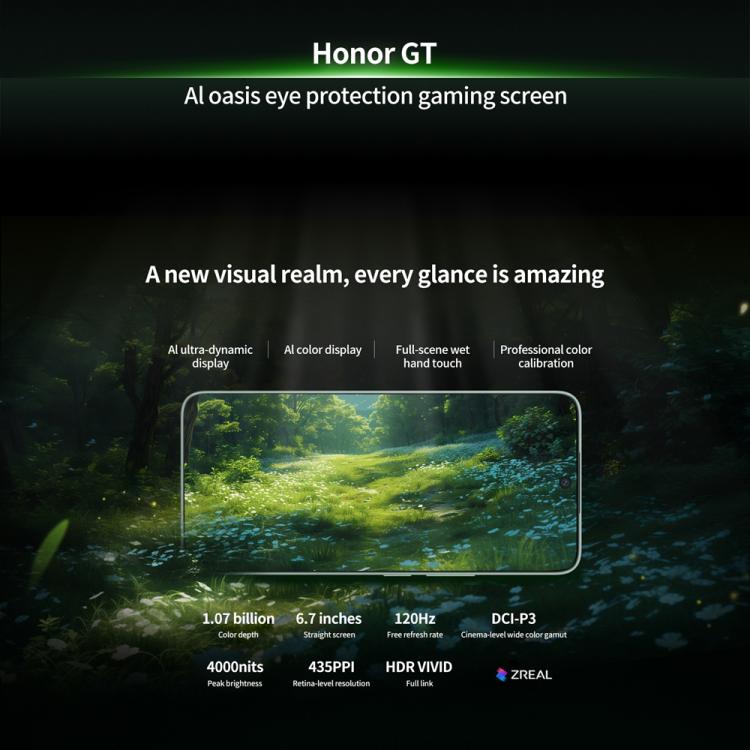 Honor GT, 12GB+512GB, In-screen Fingerprint, 6.7 inch MagicOS 9.0 Android 15.0 Snapdragon 8 Gen 3 Octa Core, Network: 5G, OTG, NFC (Green)