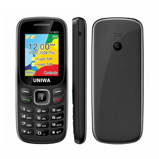 Téléphone portable à clavier UNIWA E1803 pour seniors, 1,77 pouces SC6531E, lampe de poche LED, 21 touches, réseau : 2G, prise UE (Noir)