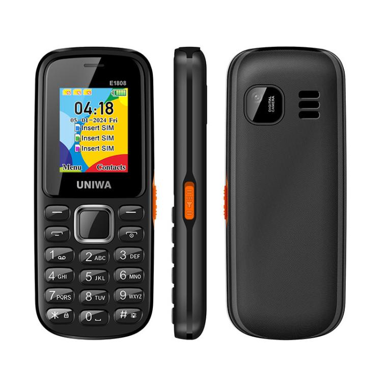 Téléphone à clavier pour personnes âgées UNIWA E1808, 1,77 pouce SC6531E, lampe de poche LED, 21 touches, réseau : 2G, Triple SIM, prise EU (noir)