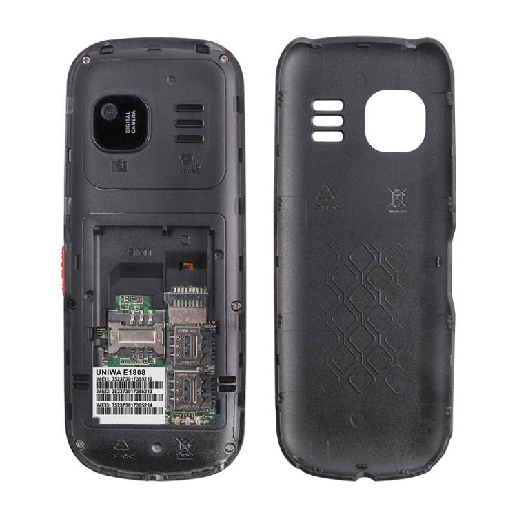 Téléphone à clavier pour personnes âgées UNIWA E1808, 1,77 pouce SC6531E, lampe de poche LED, 21 touches, réseau : 2G, Triple SIM, prise EU (noir)