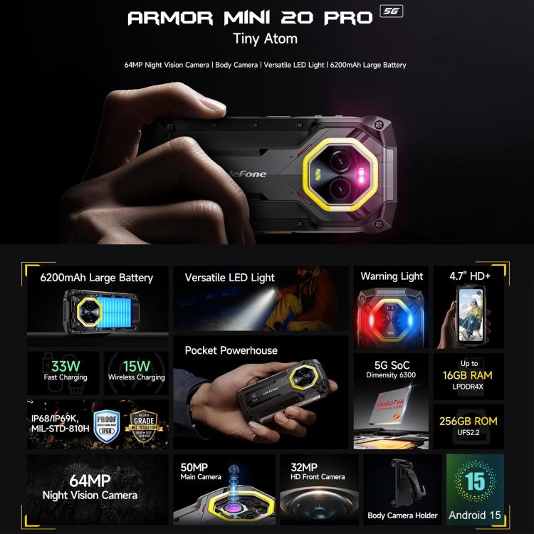 [Entrepôt HK] Ulefone Armor Mini 20 Pro, 8 Go+256 Go, Téléphone robuste IP68/IP69K, Android 15 de 4,7 pouces, MediaTek Dimensity 6300 5G Octa Core, Réseau : 5G, NFC, OTG (Noir Mécha)