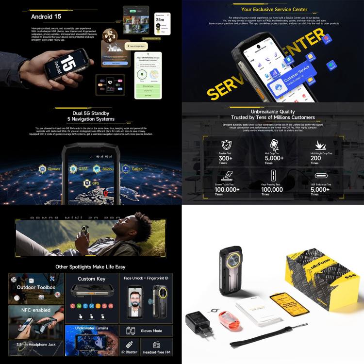 [Entrepôt HK] Ulefone Armor Mini 20 Pro, 8 Go+256 Go, Téléphone robuste IP68/IP69K, Android 15 de 4,7 pouces, MediaTek Dimensity 6300 5G Octa Core, Réseau : 5G, NFC, OTG (Noir Mécha)
