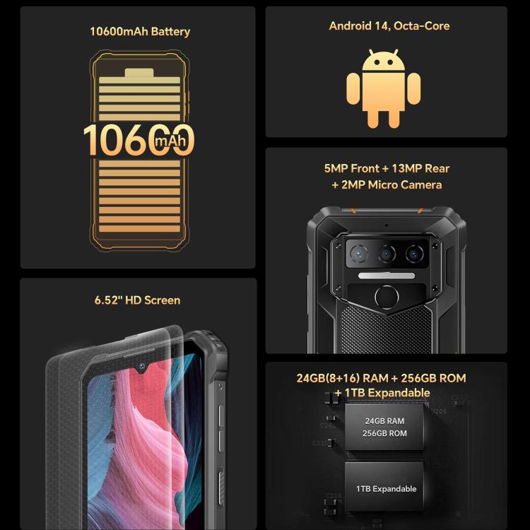 [HK Warehouse] Oukitel WP23 Plus Rugged Phone, 8GB+256GB, 6.52 inch Android 14.0Unisoc T606 Octa-core, NFC, OTG, Network: 4G (Orange)