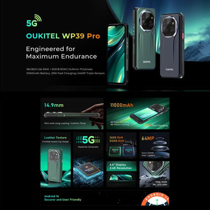 [HK Warehouse] Oukitel WP39 Pro 5G Rugged Phone, 12GB+512GB, Night Vision, Fingerprint Identification, 6.6 inch Android 14 MediaTek Dimensity 6300 Octa Core, NFC, OTG, Network: 5G (Grey)