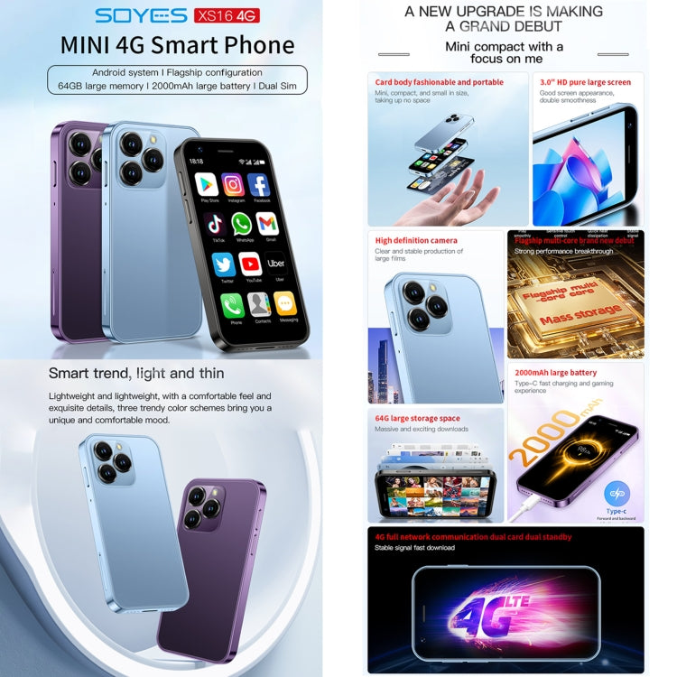 SOYES XS16, 2GB+16GB, 3.0 inch Android 10.0 MTK6737 Quad Core, Bluetooth, WiFi, Network: 4G, Dual SIM, Support Google Play Store (Blue)