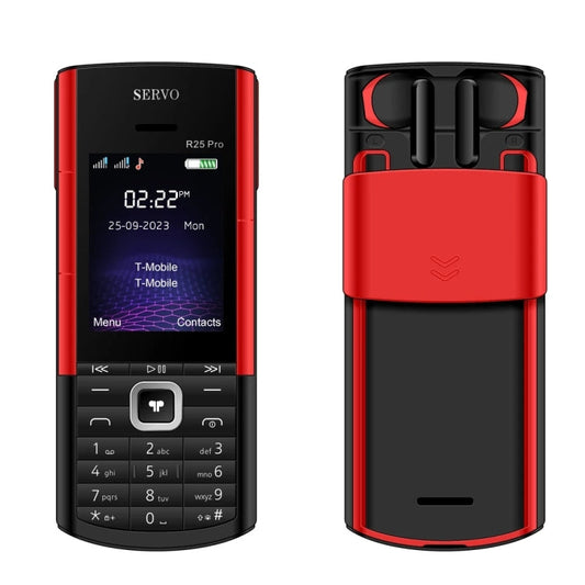 Téléphone portable SERVO R25 Pro avec oreillettes Bluetooth TWS, 2,4 pouces, 24 touches, support Bluetooth, numérotation rapide, réponse automatique, FM, lampe de poche, GSM, double SIM (noir rouge)