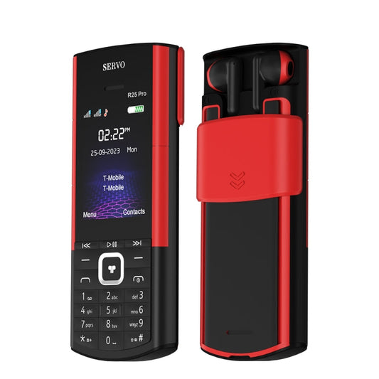 Téléphone portable SERVO R25 Pro avec oreillettes Bluetooth TWS, 2,4 pouces, 24 touches, support Bluetooth, numérotation rapide, réponse automatique, FM, lampe de poche, GSM, double SIM (noir rouge)
