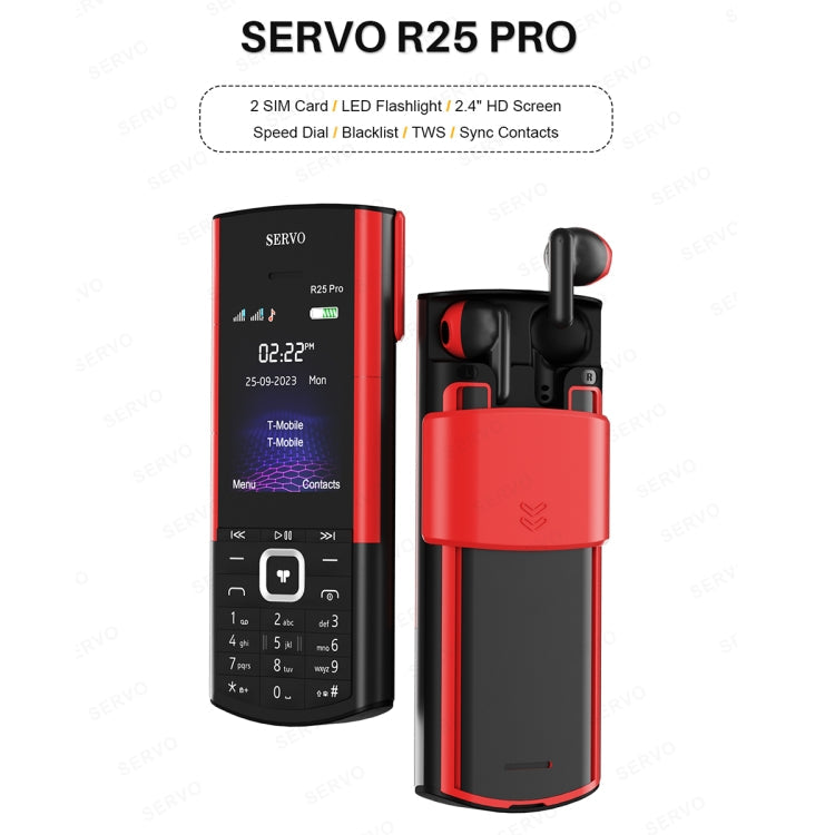 SERVO R25 Pro Mobile Phone with TWS Bluetooth Headsets, 2.4 inch, 24 Keys, Support Bluetooth, Quick Dial, Auto Response, FM, Flashlight, GSM, Dual SIM (Black Red)