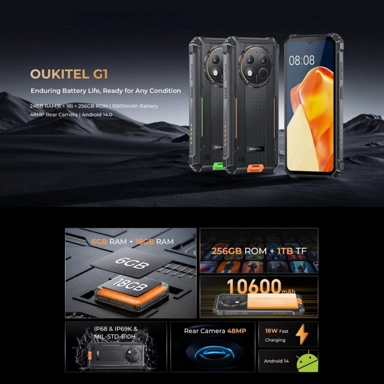 [HK Warehouse] Oukitel G1 Rugged Phone, 6GB+256GB, Fingerprint Identification, 6.52 inch Android 14 T606 Octa Core, NFC, OTG, Network: 4G (Grey)