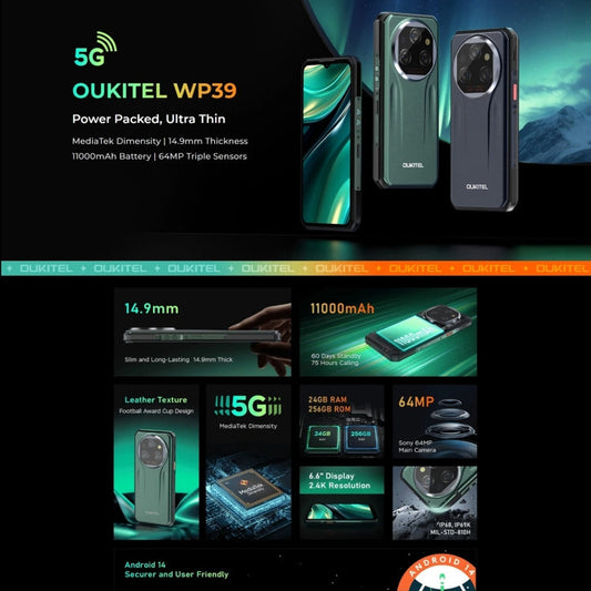 [HK Warehouse] Oukitel WP39 5G Rugged Phone, 6GB+256GB, Night Vision, Fingerprint Identification, 6.6 inch MediaTek Dimensity 6100+ Octa Core, NFC, OTG, Network: 5G (Green)