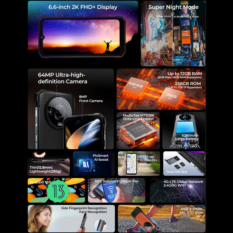[HK Warehouse] HOTWAV T7 Pro Rugged Phone, 6GB+256GB, 6280mAh, 6.6 inch Android 13 MT8788 Octa Core, Network: 4G, OTG (Black)