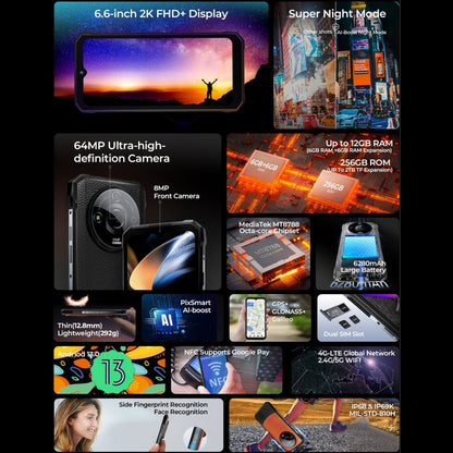 [Entrepôt HK] HOTWAV T7 Pro Téléphone robuste, 6 Go+256 Go, 6280 mAh, Android 13 MT8788 Octa Core de 6,6 pouces, Réseau: 4G, OTG (Orange)