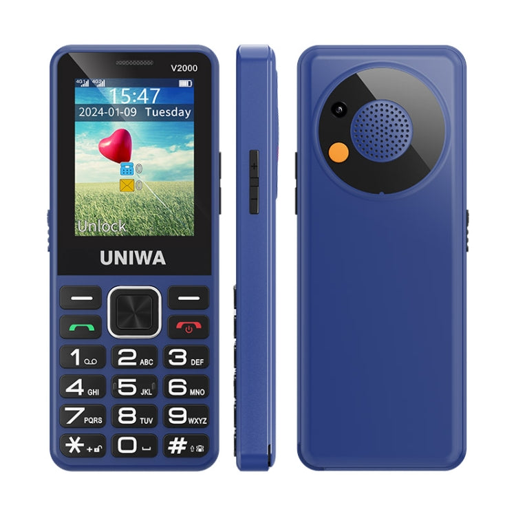Téléphone à clapet UNIWA V2000 pour seniors, écran 2,4 pouces Unisoc T107, batterie 1700mAh, lampe de poche LED, SOS, réseau : 4G, prise US (bleu)