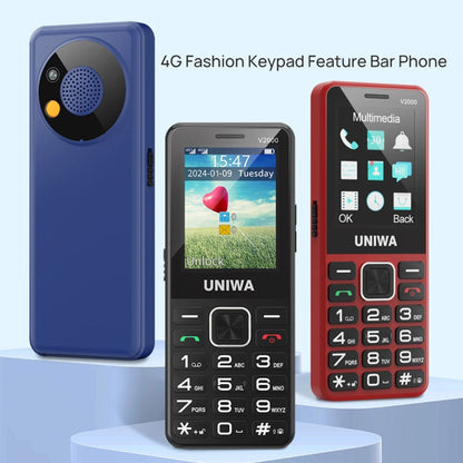 Téléphone à clapet UNIWA V2000 pour seniors, écran 2,4 pouces Unisoc T107, batterie 1700mAh, lampe de poche LED, SOS, réseau : 4G, prise US (bleu)