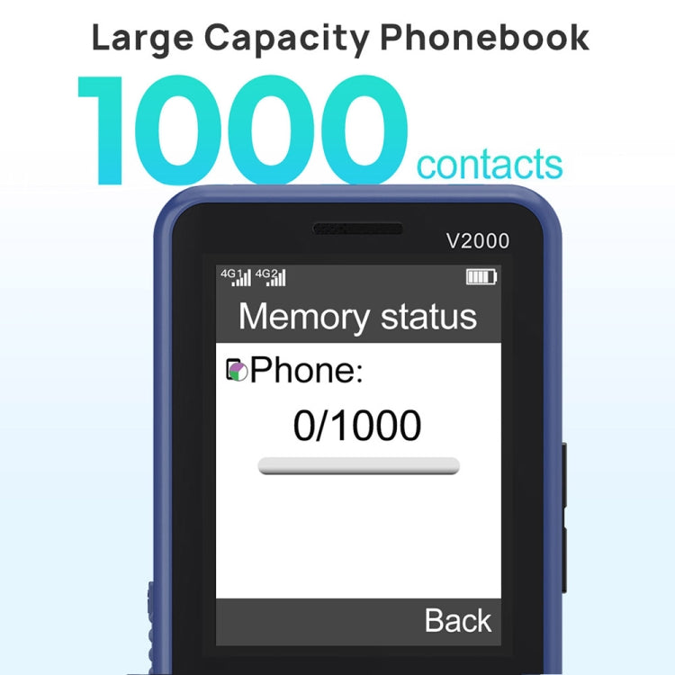 Téléphone à clapet UNIWA V2000 pour seniors, écran 2,4 pouces Unisoc T107, batterie 1700mAh, lampe de poche LED, SOS, réseau : 4G, prise US (bleu)