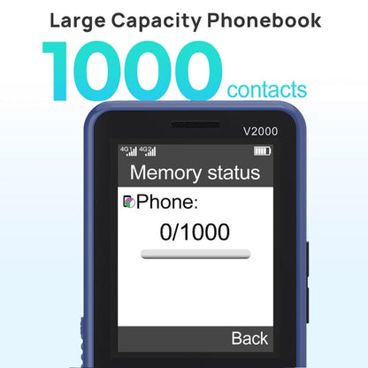 Téléphone à clapet UNIWA V2000 pour seniors, écran 2,4 pouces Unisoc T107, batterie 1700mAh, lampe de poche LED, SOS, réseau : 4G, prise US (bleu)
