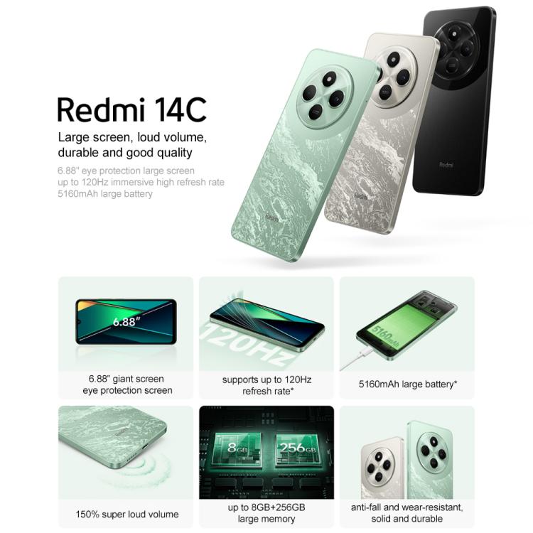 Xiaomi Redmi 14C, 4 Go+128 Go, 6,88 pouces Xiaomi HyperOS MediaTek Helio G81-Ultra Octa Core, Réseau : 4G, Ne prend pas en charge Google Play (Vert)