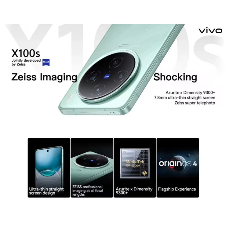 vivo X100s, Triple Back Cameras, 16GB+512GB, Face ID / Fingerprint Identification, 6.78 inch Android 14 OriginOS 4 Dimensity 9300+ Octa Core, OTG, NFC, Network: 5G, Support Google Play (Mint Green)