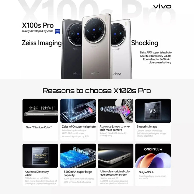 vivo X100s Pro, Triple Back Cameras, 12GB+256GB, Face ID / Fingerprint Identification, 6.78 inch Android 14 OriginOS 4 Dimensity 9300+ Octa Core, OTG, NFC, Network: 5G, Support Google Play (Black)