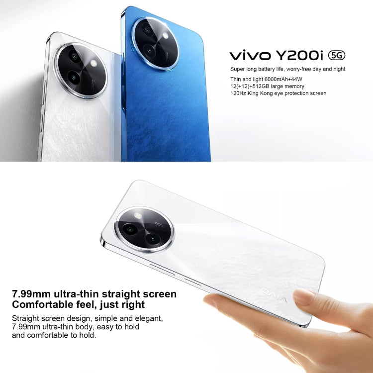 vivo Y200i, doubles caméras arrière, 12 Go+256 Go, reconnaissance faciale et capteur d'empreintes digitales sous l'écran, 6,72 pouces Android 14.0 OriginOS 4 Snapdragon 4 Gen 2 Octa Core 2,2 GHz, OTG, réseau : 5G, compatible Google Play (bleu)